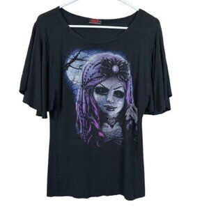 Spiral Direct Black Batwing Sleeve Graphic Tee Medium Witchy Emo